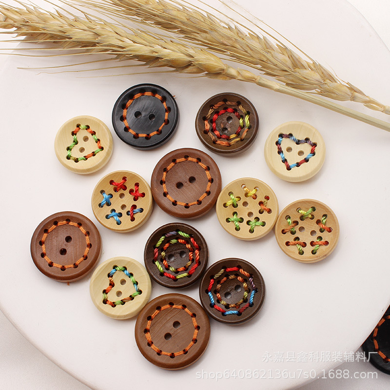 Children's Wooden Buckle Log Wooden DIY Handmade Buttons Colorful Color Line Cotton Line Children's Clothing Coat Decorative Buttons