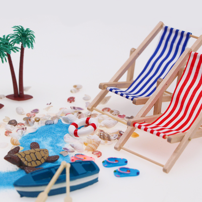 Picture of Dollhouse Doll House Mini Beach Set Micro Landscape Summer Shell Sun Umbrella Wooden Beach Chair