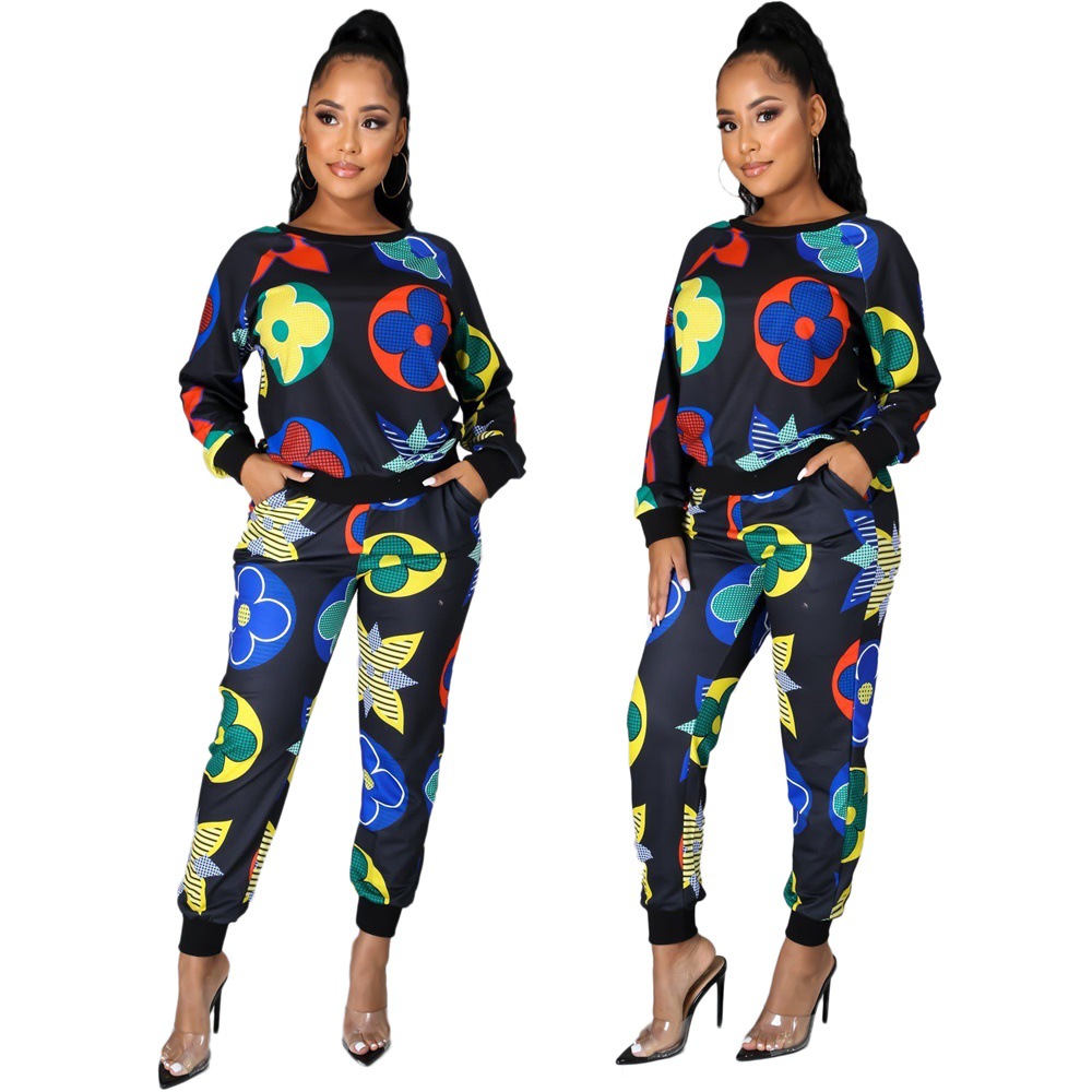 9371 cross-border Europe and the United States Amazon autumn and winter printed casual women's jacket pants two-piece set