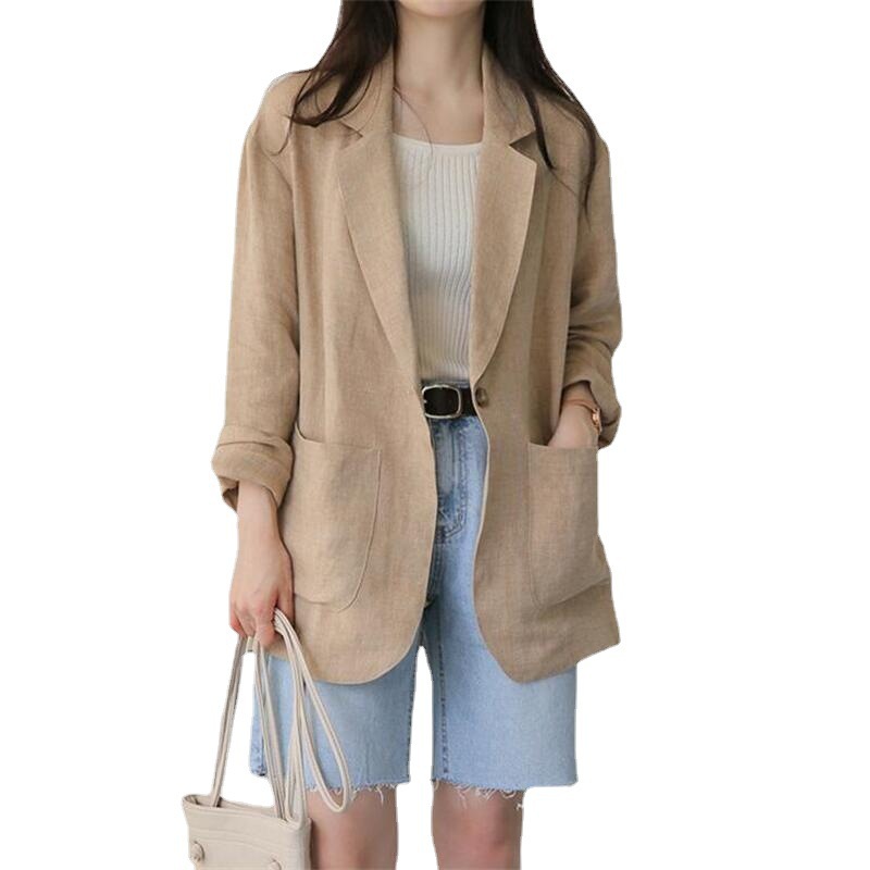 Picture of 2024 Spring and Summer New Korean Style Fashion Loose Linen Solid Color Casual Women's Long Sleeve Casual Suit Jacket Women