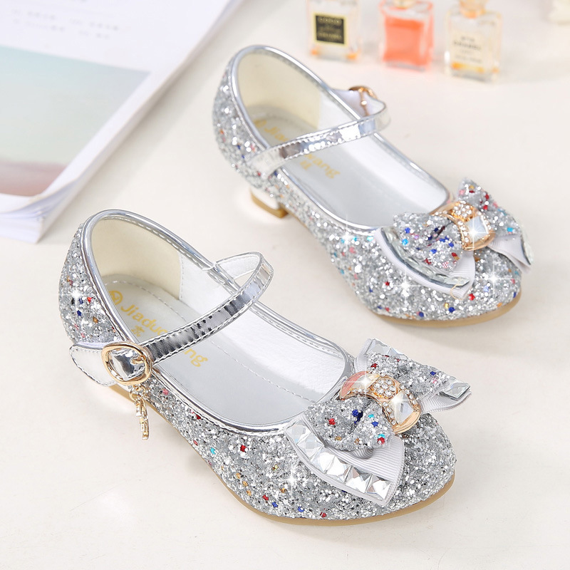 Picture of 2025 Autumn New Girls' Small High Heel Leather Shoes Sequin Upper Bow Decoration Children's Dance Shoes