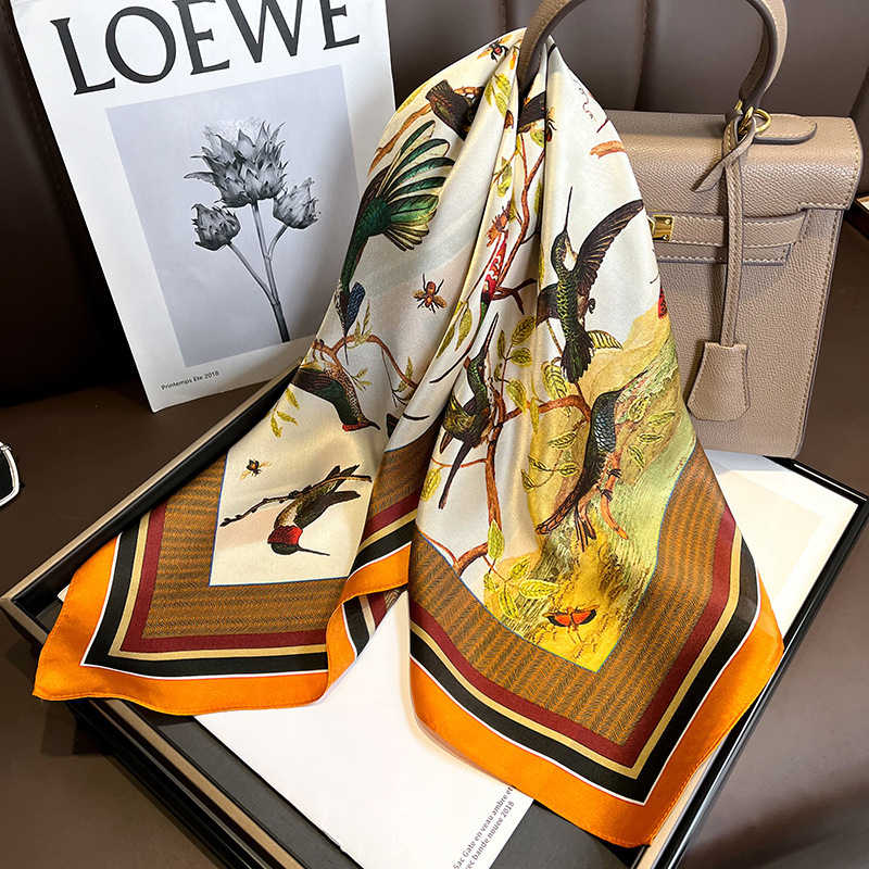 Picture of Spring and Autumn Thin Japanese and Korean Sweet Champagne Color Small Floral Silk Mulberry Silk 70cm Square Scarf Silk Scarf Hair Band Headwear Women