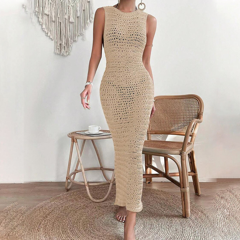 2024 Cross-border Seaside Beach dress European and American Hollow Knitted Long Dress Sling Backless Sexy dress in stock