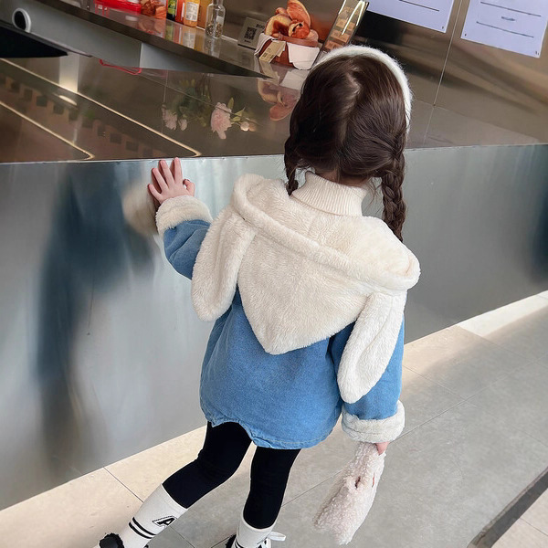 Picture of Korean Children's Winter New Girl Rabbit Ears fleece-lined Thickened Denim Coat Baby Imitation Rabbit Hair Warm Clothes