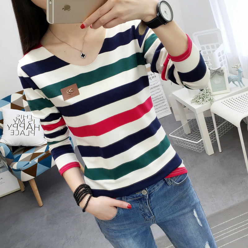 2242# cotton long sleeve striped T-shirt women (real shot)(95 cotton 5 spandex) (increased 2XL/3XL)