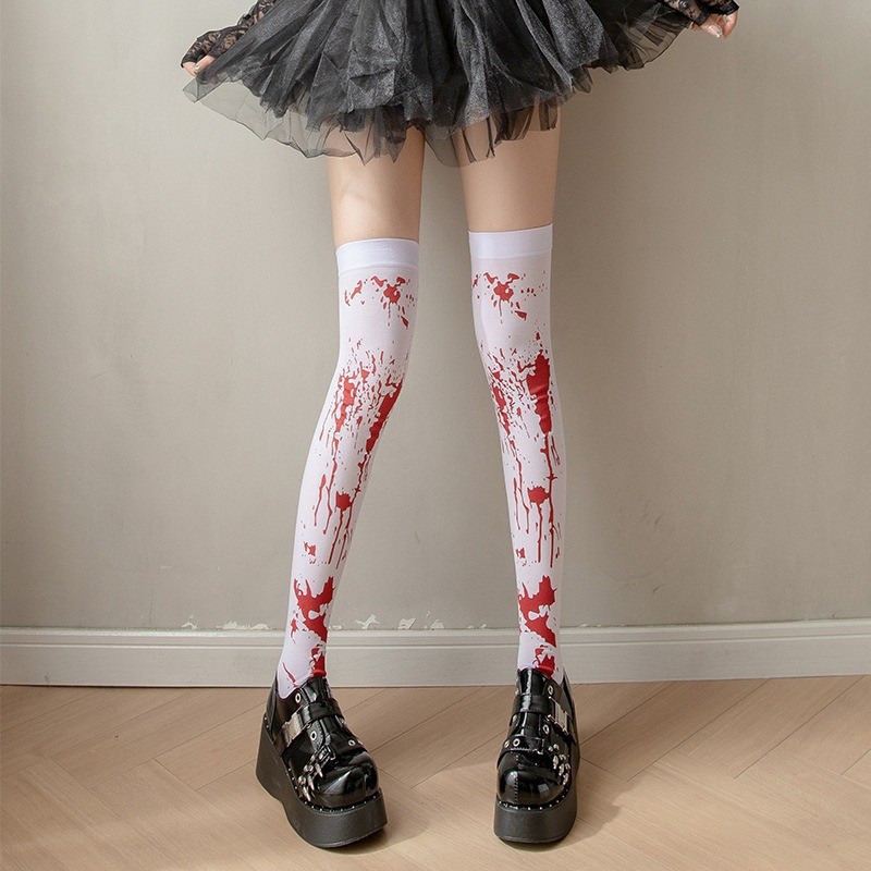Picture of Cross Cross Cross Stockings Printing Halloween Socks Spider Web Over-the-Knee Socks Black White Lolita Stockings