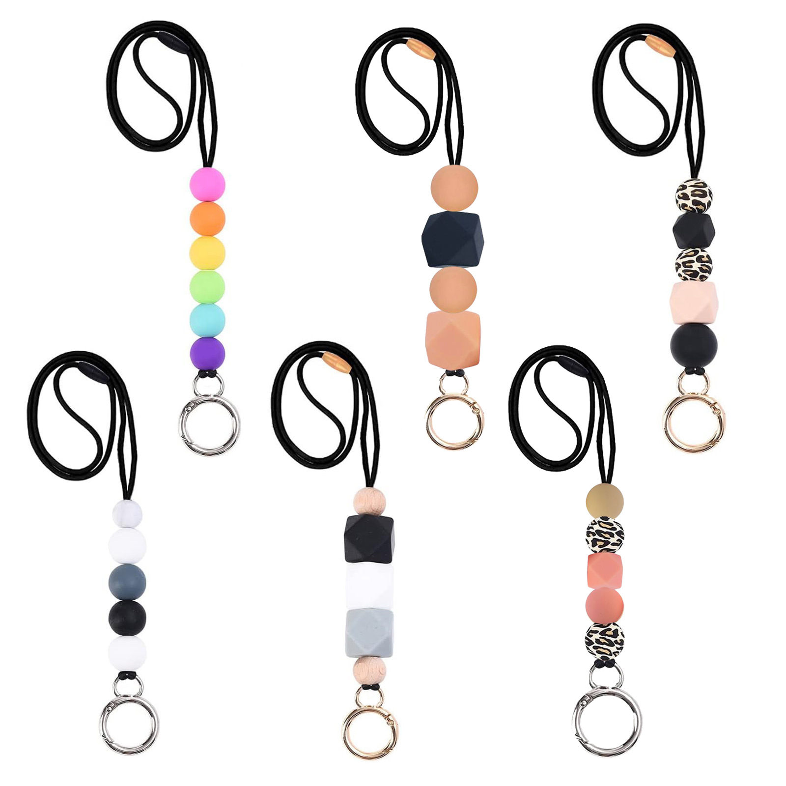 Colorful beads lanyard with metal ring cute beaded ID card lanyard female nurse student staff key chain
