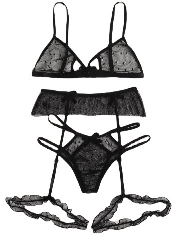 Foreign Trade European and American Sexy Mesh Three-point Set Sexy Mesh Perspective Bra Panties Garter Belt Three-piece Set 1500
