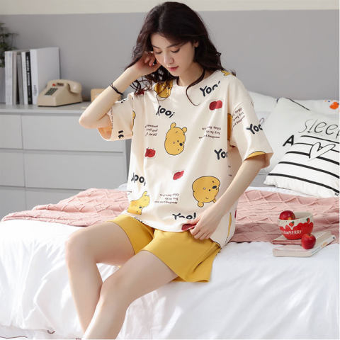 2023 new summer milk silk pajamas women's cute letter cartoon short sleeve shorts two-piece home wear