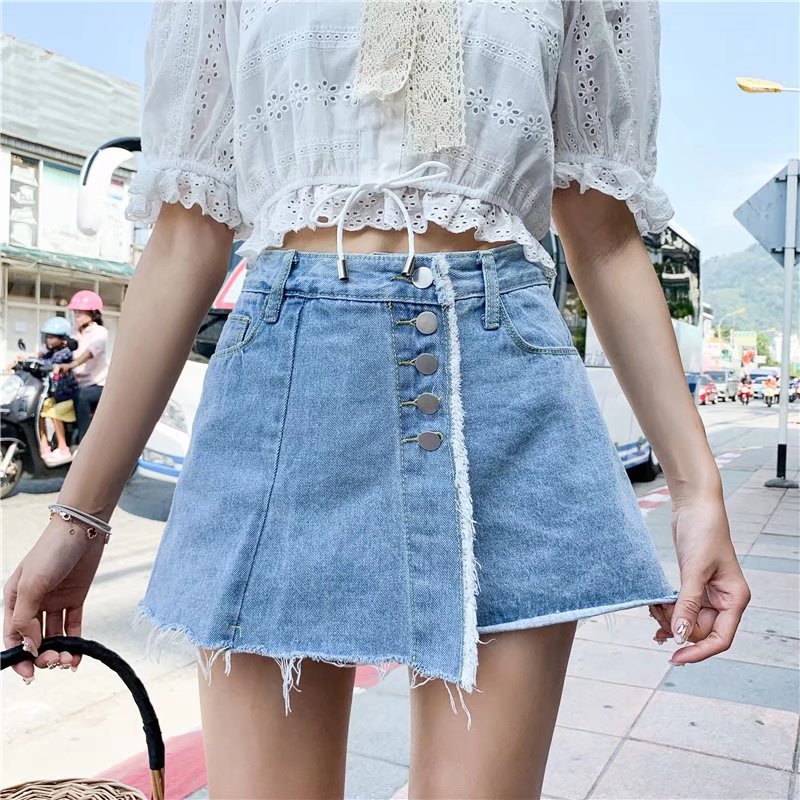 Denim short skirt women's summer new versatile student slimming Korean style pants loose high waist wide leg pants