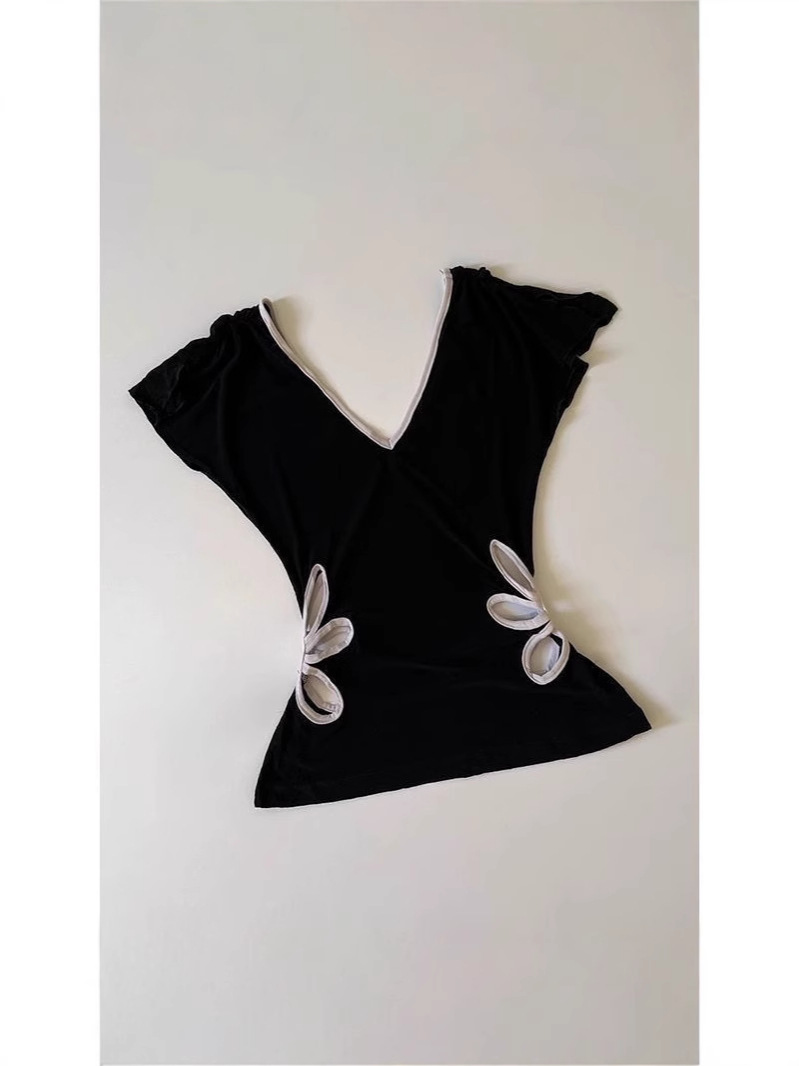 American Retro Hollow V-neck T-shirt Niche Slim-fit Tight Waist Spice Girl Short Vest Sleeveless Top Summer Women's Fashion