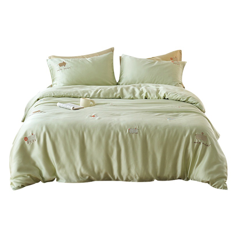 Class A Lanjing Tencel Four-piece Set 100 Lyocell Cartoon Embroidery Cool Silky Ice Silk Bed Sheet Quilt Cover