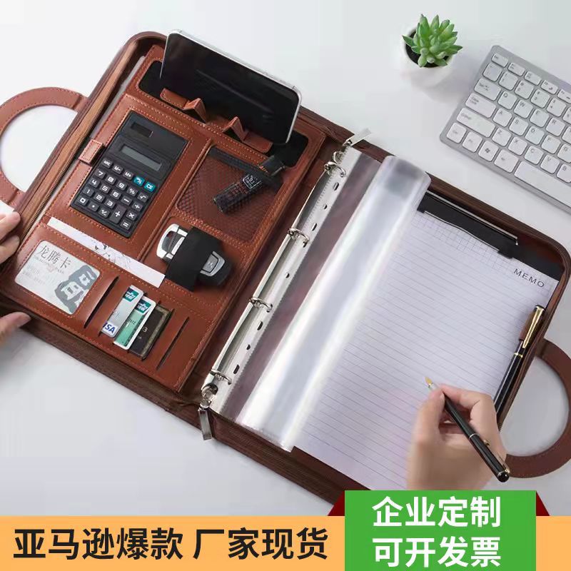 A4 Business Portable Zipper Folder Briefcase Wholesale Mobile Phone Bracket Multi-functional Leather Manager Clamp in stock