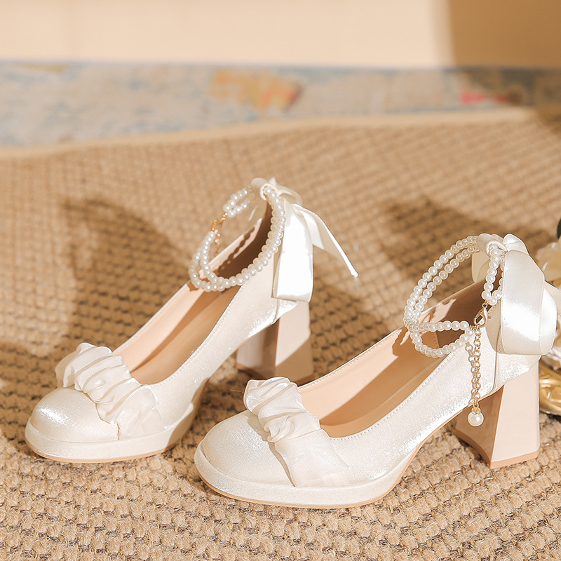 French High Heels Women's Thick Heels Ladylike Style Gentle Bridesmaid Retro Pearl Mary Jane Shoes Bride Wedding Shoes Small Leather Shoes