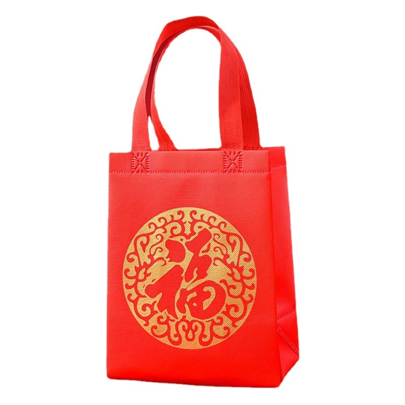 Red Fuzi Non-woven Handbag New Year Gift-giving Non-woven Fufu Bag Thickened Alcohol and Tobacco Gift Bag in stock Wholesale