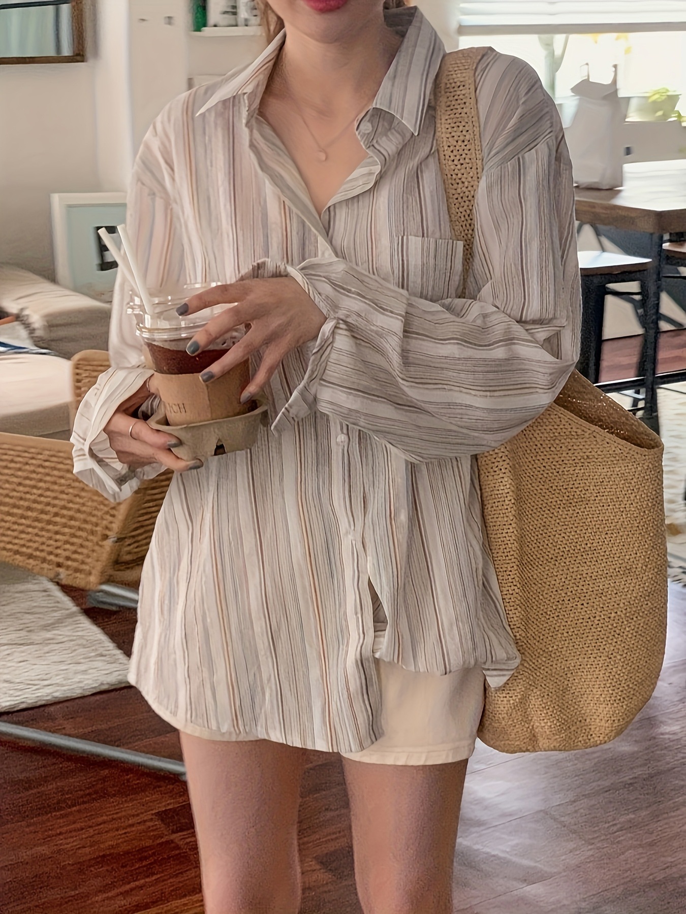 Korean Style Lazy Style Colorful Striped Sun Protection Shirt for Women Spring and Summer New Loose Fashionable Sexy Long-Sleeved Top