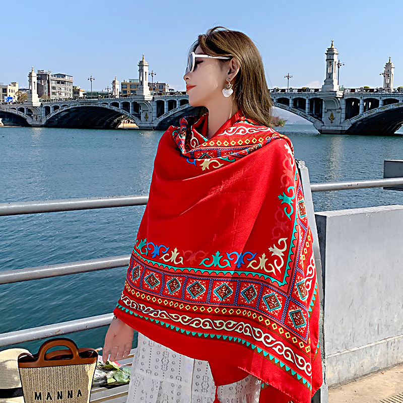 New Ethnic Style Large Shawl Yunnan Tourism Sunscreen Scarf Seaside Beach Scarf Cotton Linen Scarf Cape Large Scarf