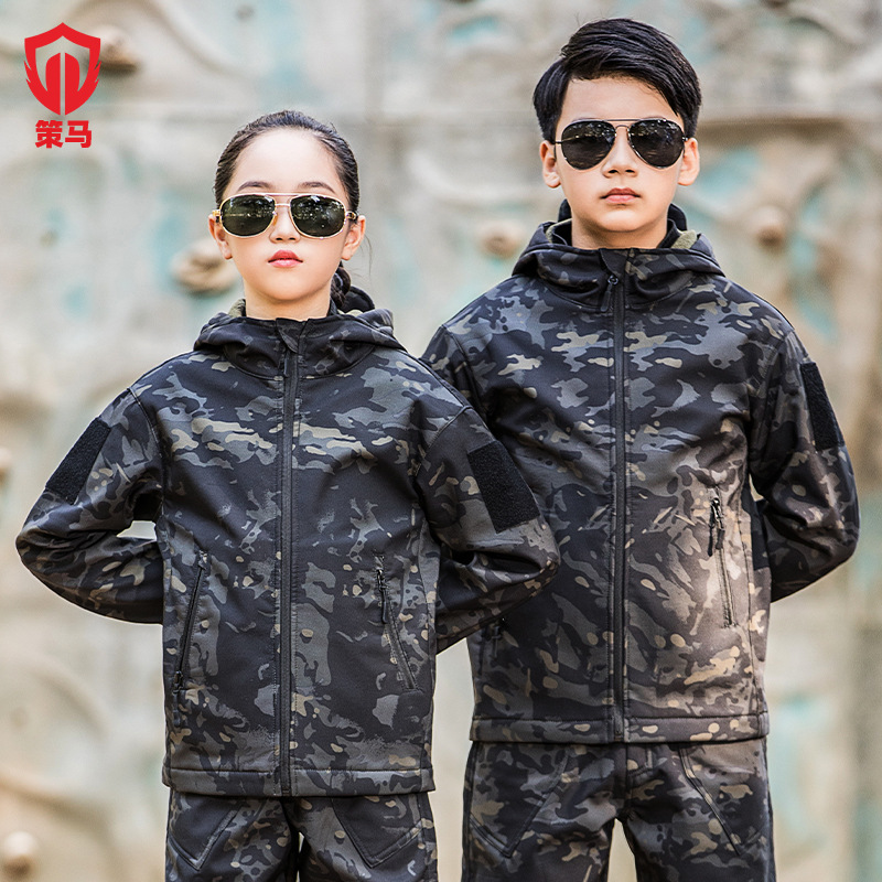 Chima children's camouflage shark skin jacket men's autumn and winter New fleece-lined jacket hooded warm winter camp clothing