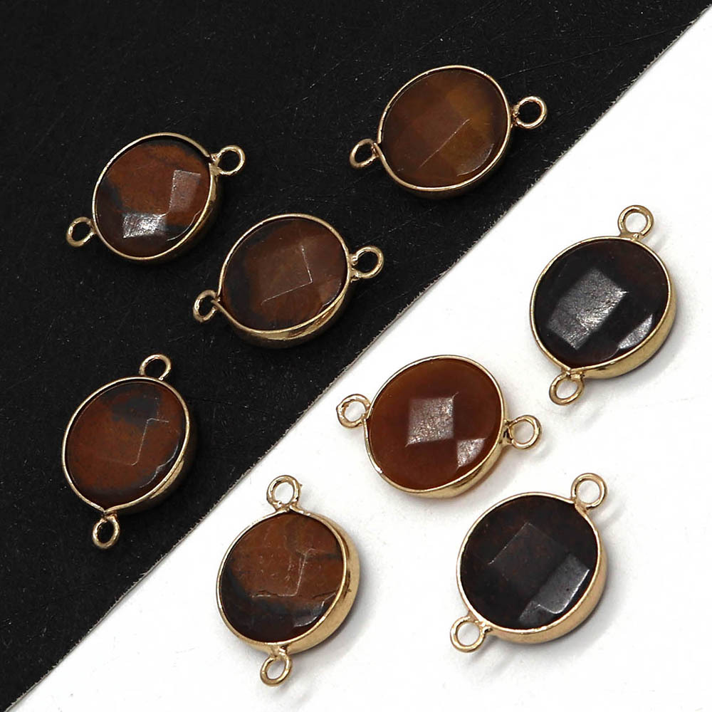 Natural Stone Cut Agate Pendant 16x 25mm Round Double Hole Connector Pendant DIY Necklace Accessories