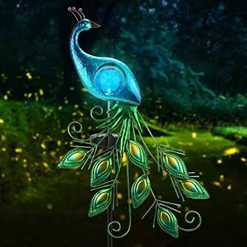 Spot Amazon solar Peacock wrought iron lamp LED Peacock wrought iron garden lamp blue glass ball