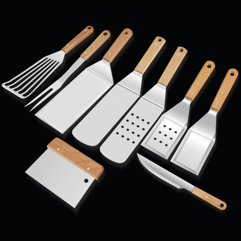 Picture of Cross border barbecue tool set outdoor stainless steel Beech barbecue shovel teppanyaki shovel combination BBQ baking tool
