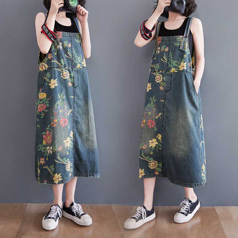 2021 summer new artistic plus size printed loose Denim suspender skirt