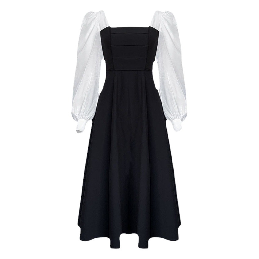 Long Sleeve Black Chiffon Dress Elegant Dress Women's New Spring and Autumn Stitching Square Collar French Dress Vintage Mesh Dress