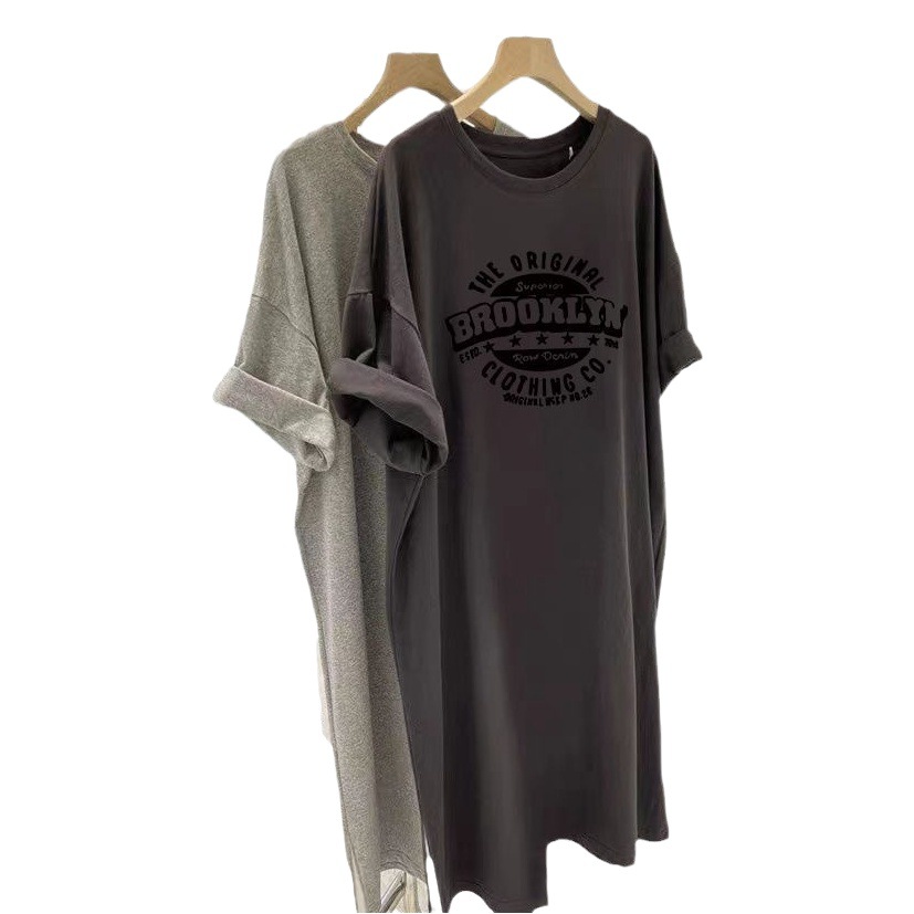 Printed T-Shirt Women's Summer Korean-style Mid-length Loose Over-the-knee Short-sleeved Dress with Split and Meat Covering Casual Long Dress