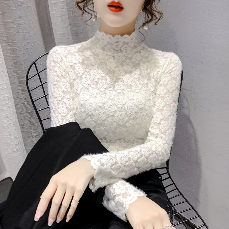 Picture of Half-high Collar Lace Base Shirt Women's Autumn and Winter European Inner Shirt Sanding Long-sleeved T-shirt Mesh Hollow Top