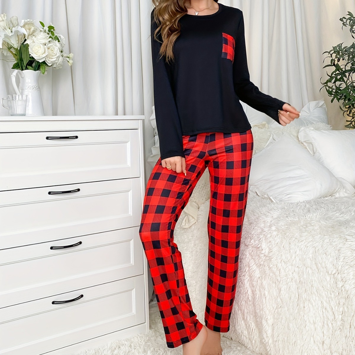 Picture of Cross-border Autumn and Winter Pajamas suit Foreign Trade Women's European and American Home Clothes Plaid Pocket Long Sleeve Top Pants Two-piece Set