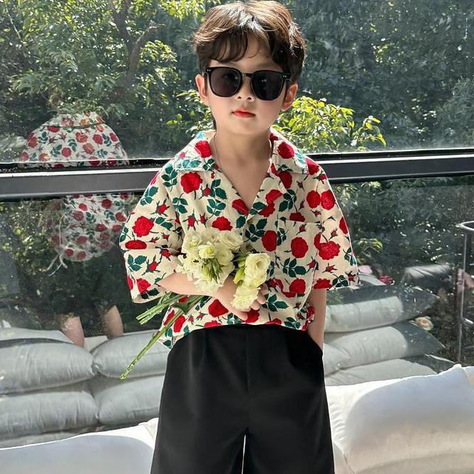 Children's Short-sleeved Floral Shirt 2024 Summer Children's Beach Style Handsome Shirt Baby's Casual Loose Thin Coat