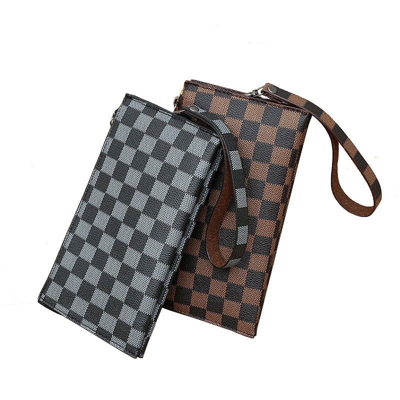 Checkerboard Wallet Vintage Men's Long Clutch Bag Anti-theft Brush Driver's License Card Bag Leather Large Capacity Change Handbag