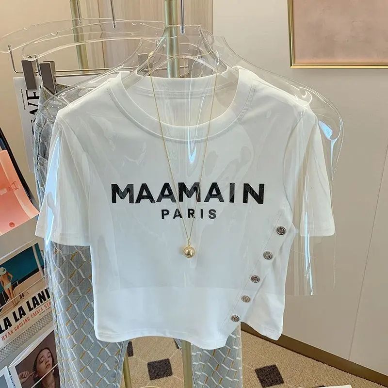 Asymmetric Side Slant-breasted English Letter Printed T-shirt 2024 Summer New Irregular Short Top Ins