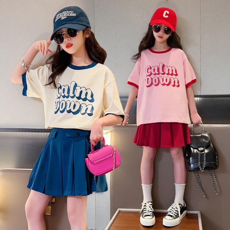 Girls' suit skirt spring and summer new medium and big children contrast color T-shirt short skirt two-piece student suit Western style casual children's clothing