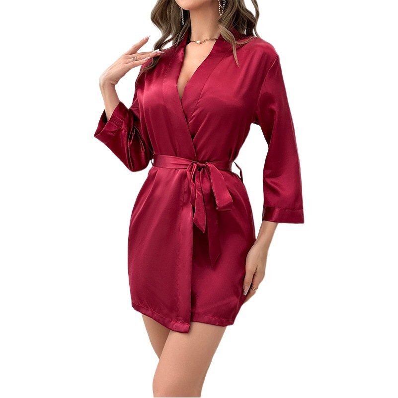 Cross-border Pajamas Women's Summer European and American Women's Lace-up Bathrobe Sexy Morning Gown Home Clothes Wearing Ice Silk Nightgown