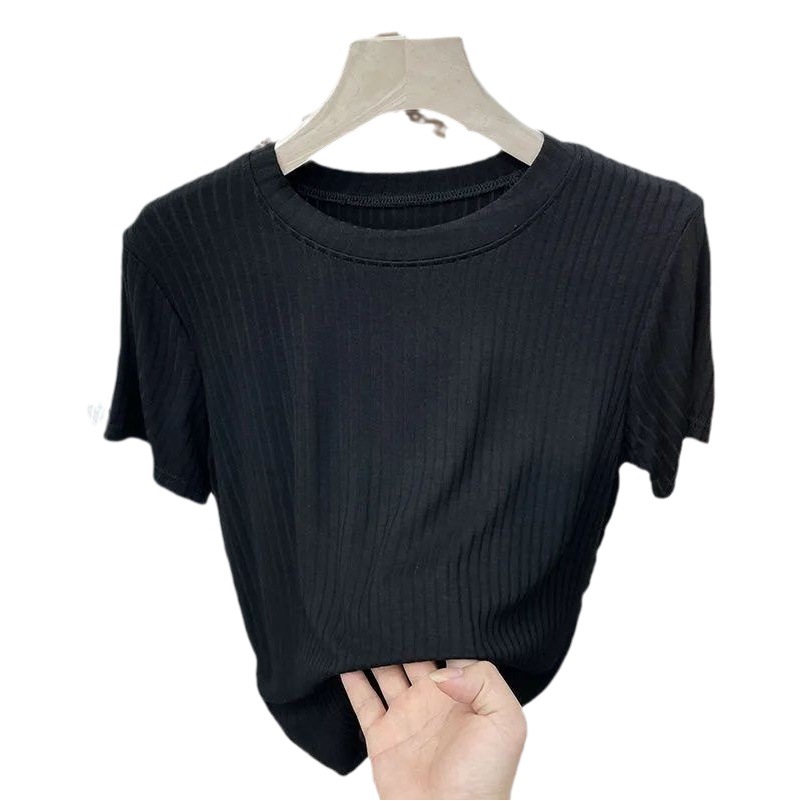 European Western Style All-match Pit Short-sleeved T-shirt Women's Summer 2024 New Slim-fit Slimming Top Solid Color Base Shirt