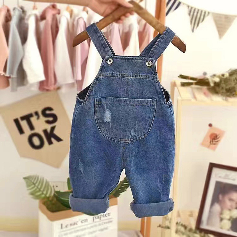 Boys' and girls' suspenders spring and autumn children's 0-4 years old Denim trousers children's solid color boys' Denim suspenders trendy