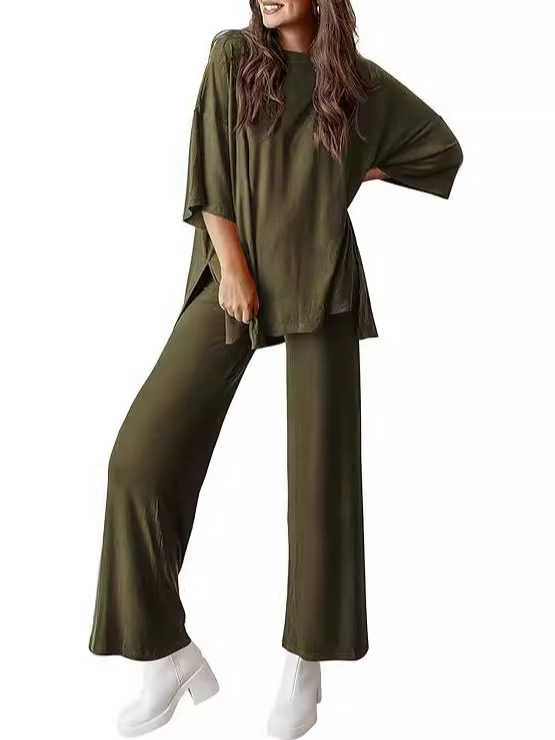 Cross-border Foreign Trade Amazon temu202 Women's Fashion Casual Round Neck Loose T Side Pocket Pajamas suit