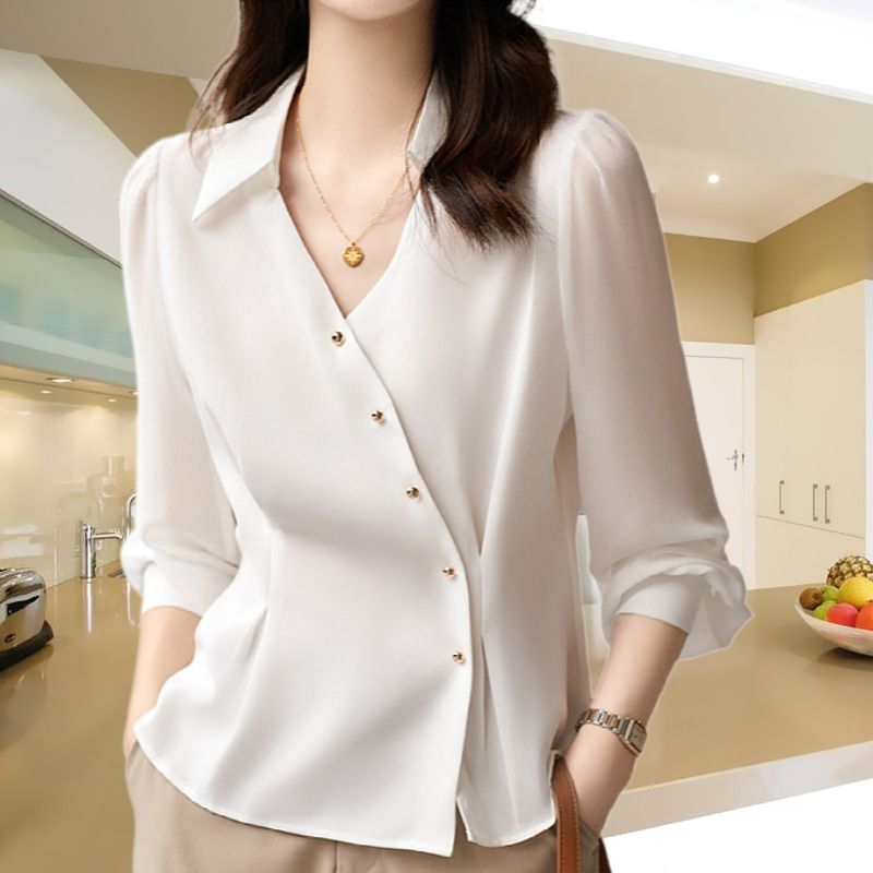 Spring and Summer 2023 New Simple Design Sense Workplace Daily Commute Style Sense Decorative Oblique Placket Light Mature Style Shirt