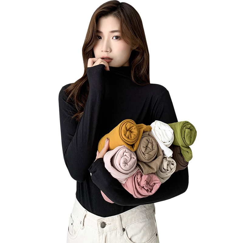Picture of Milk Silk Bottoming Shirt Women's Long-Sleeved T-Shirt Half Turtleneck Spring, Autumn and Winter 2025 New Black Inner Style Tight Top