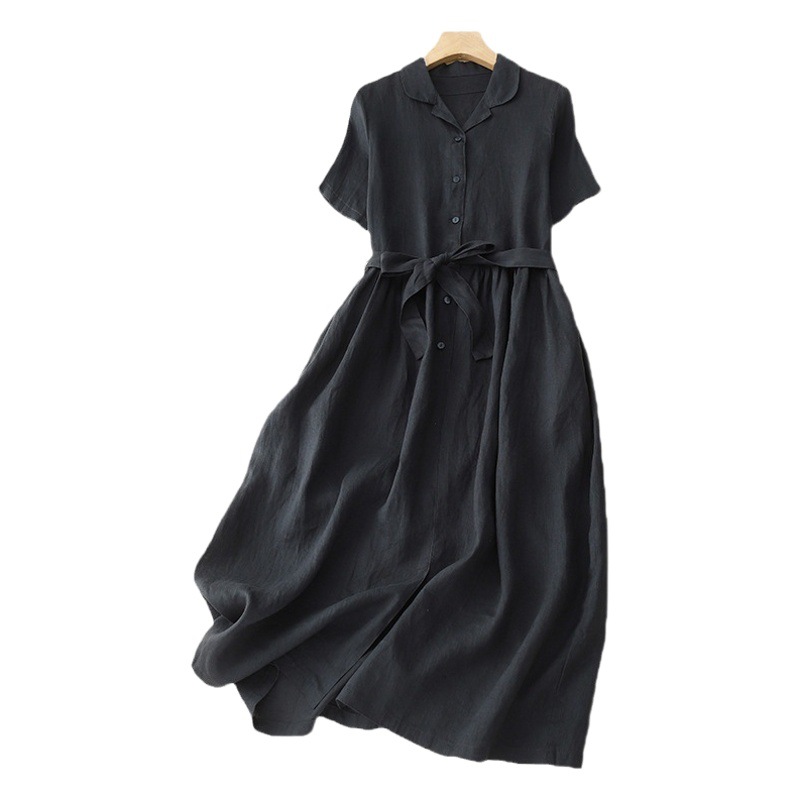2023 Summer New Artistic Vintage Cotton and Linen Dress Women's Short-sleeved Lapel Lace-up Waisted Solid Color Long Dress