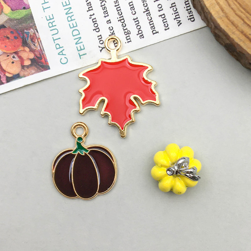 Picture of 1 new drop oil alloy colorful simulation maple pumpkin pendant pendant diy accessories