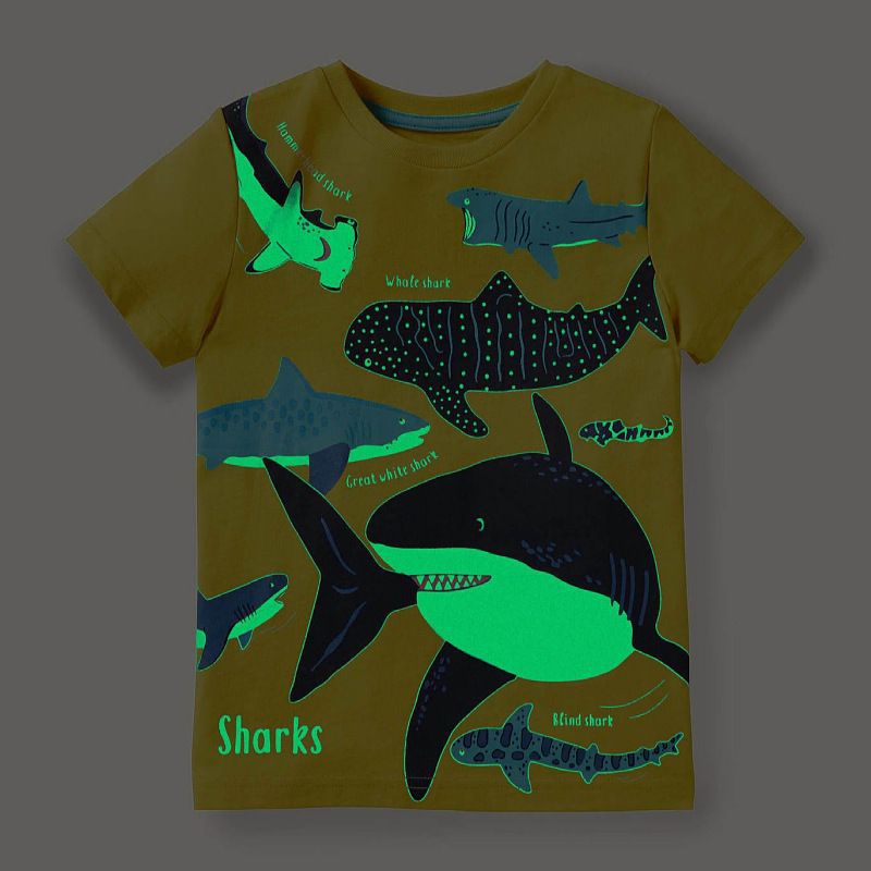 Children's luminous shark pattern 2022 summer new short sleeve top children's t-shirt factory six one gift cotton