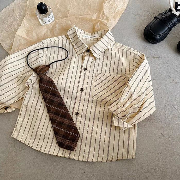 Picture of Children's Long Sleeve Shirt Academy Style 2024 Spring Korean Style Fashion Striped Western Style Casual Tie Shirt for Boys and Girls