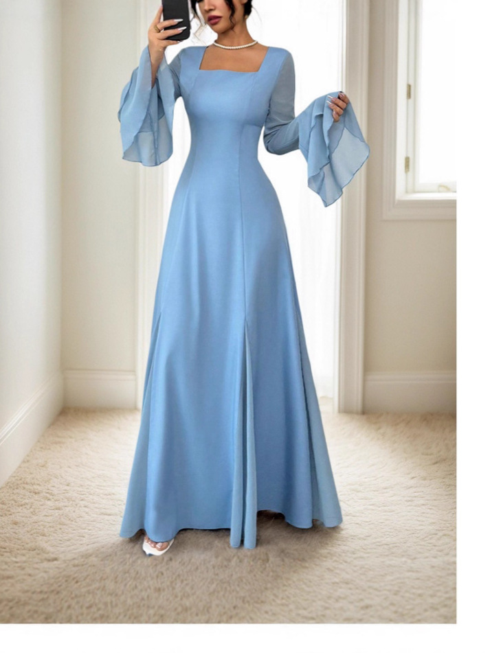 Amazon European and American cross-border new gentle ruffled flowing dress, elegant and elegant solid-color long dress for women