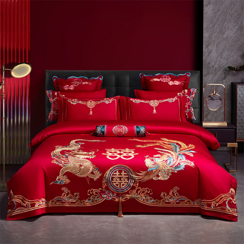Picture of High-End 120S Pure Cotton Long-Staple Cotton Wedding Four-Piece Set New Chinese Style Dragon and Phoenix Embroidery Wedding Red Bedding