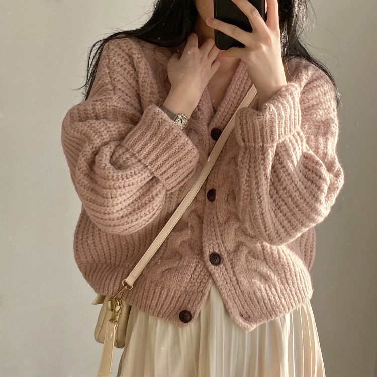 Spring Top Women's 2023 New Lazy Style Loose Twist Knitted Cardigan Short Sweater Coat for Small Women