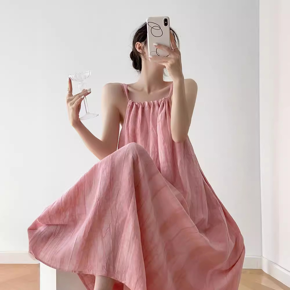 Pink Suspender Long Skirt Women's Summer New Seaside Vacation Beach Dress Halter Neck Design Niche Skirt