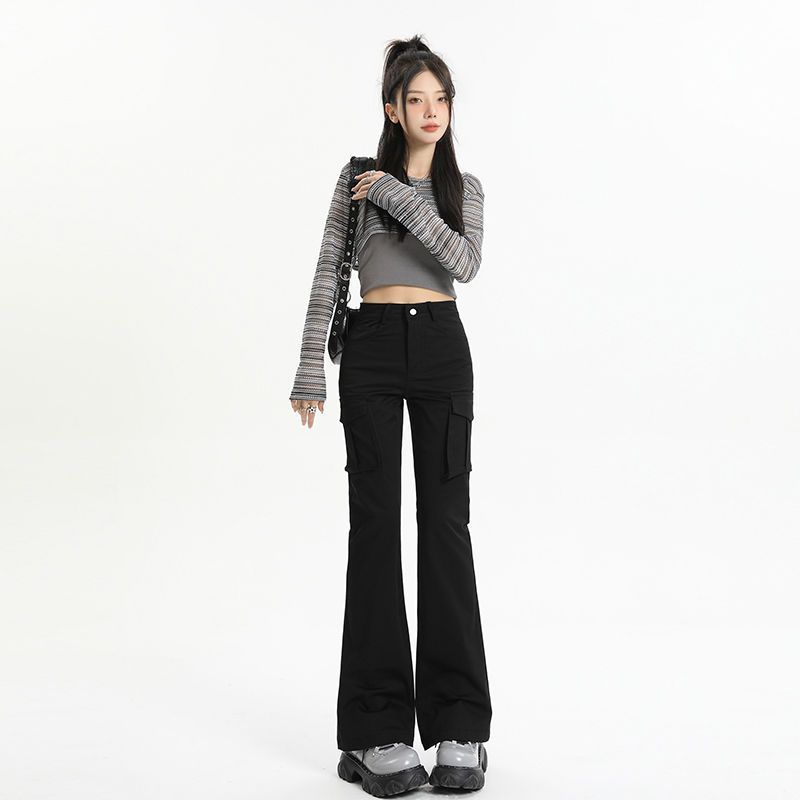 Stretch American-style Black High Waist Micro-blared Casual Pants Women's 2024 Early Spring Autumn Slim-fit Slim Fit Trumpet Pants