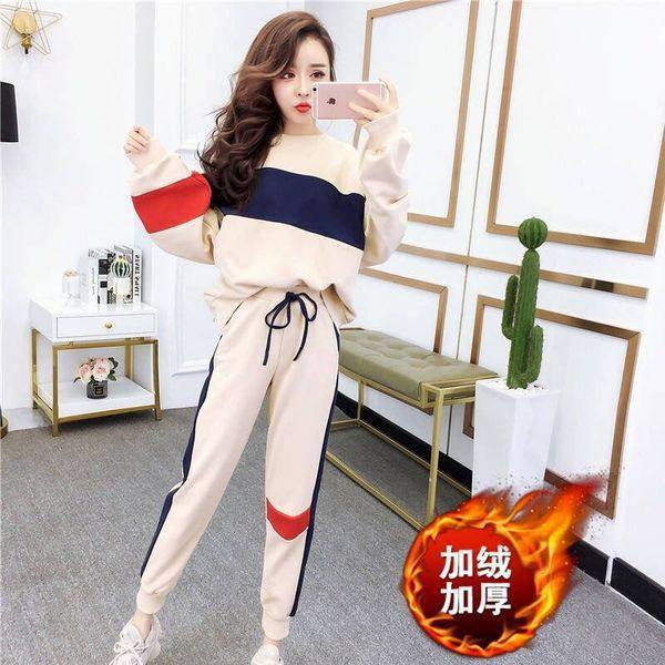 Trendy Outfit 2025 Autumn and Winter Fashion Fresh Loose High-Waisted Sweatshirt Women's Thickened Fleece Sports Two-Piece Set Trendy